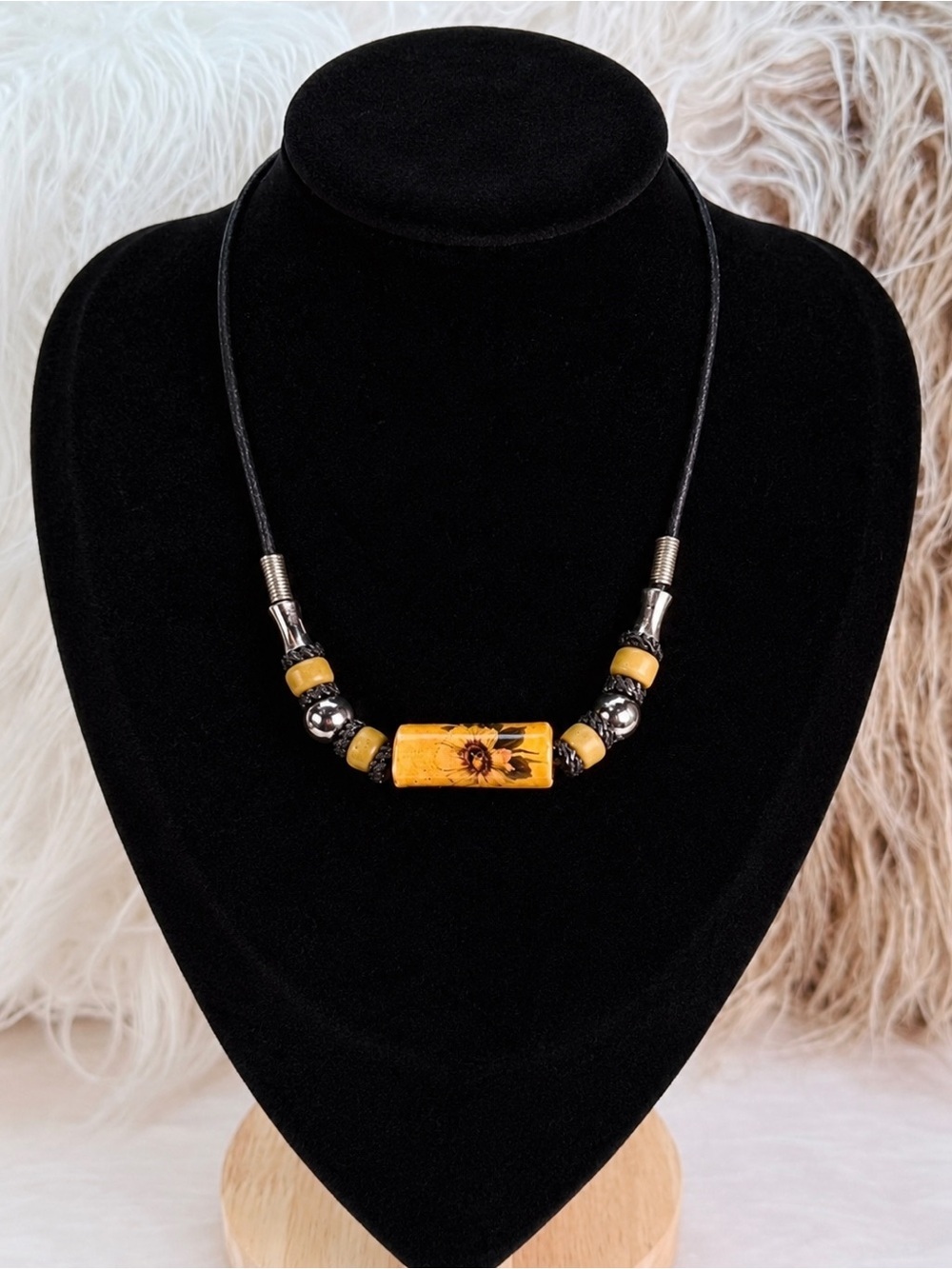 Vintage Yellow Floral Focal Bead Black Cord Statement Necklace
